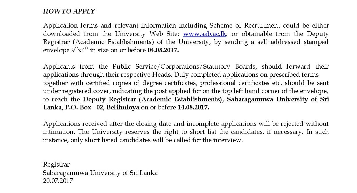 Project Manager, Medical Officer, Chief Marshal, Chief Security Officer, Marshal, Public Health Inspector - Sabaragamuwa University of Sri Lanka